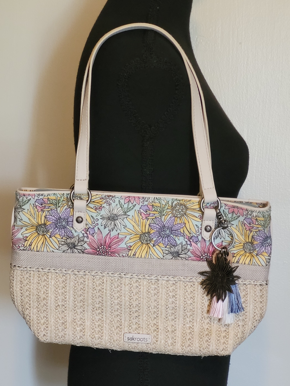 Sakroots Floral Woven Straw Tote Multicolor Flowers Tassels & Charm Shoulder Bag